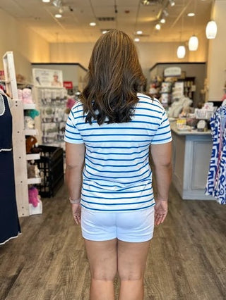 Zenana Tops - T-Shirts Striped V-Neck T-Shirt Ocean Blue