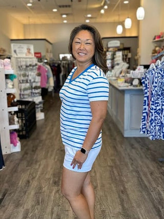 Zenana Tops - T-Shirts Striped V-Neck T-Shirt Ocean Blue