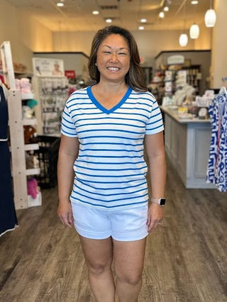 Zenana Tops - T-Shirts Striped V-Neck T-Shirt Ocean Blue