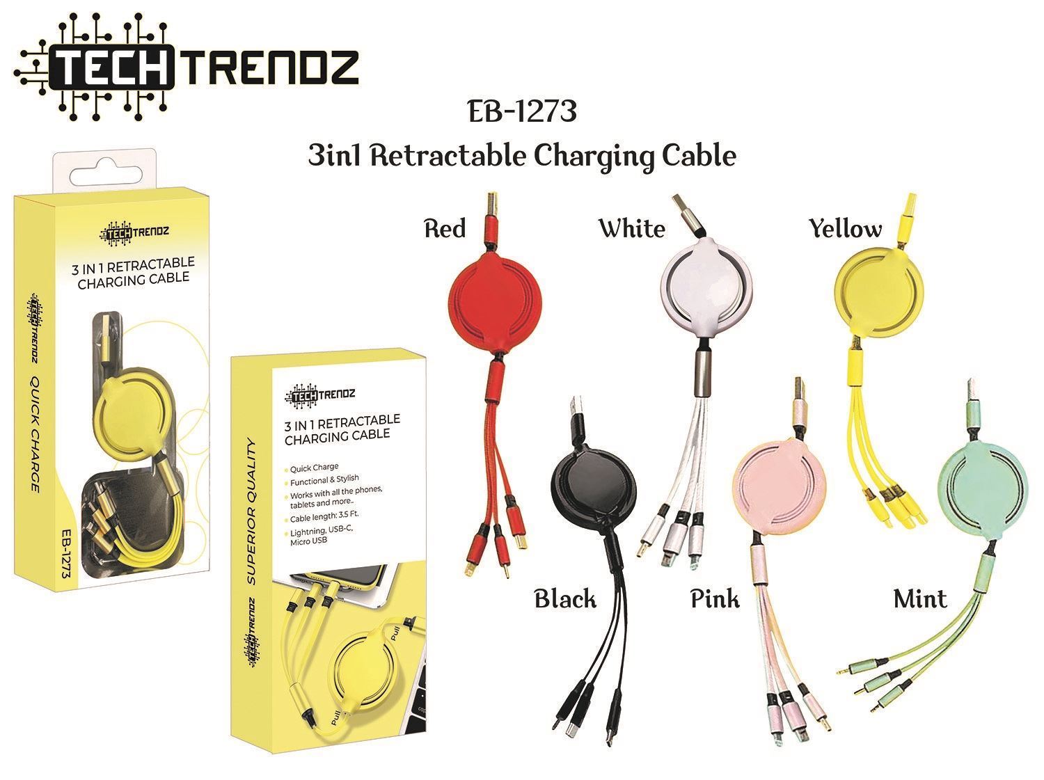 3 in 1 Retractable Charger Red or Black