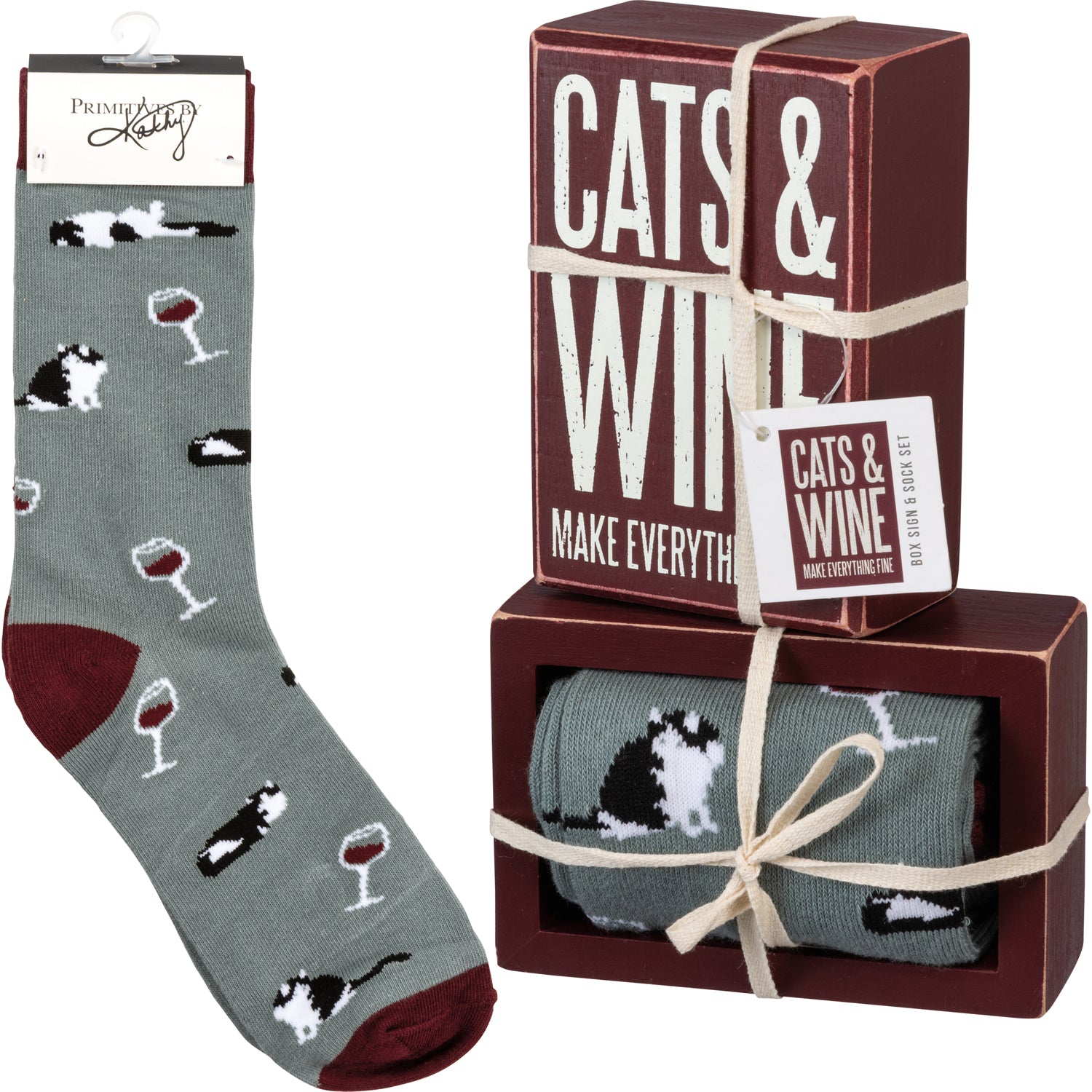 Sale Box Sign & Sock Set Cats & Wine