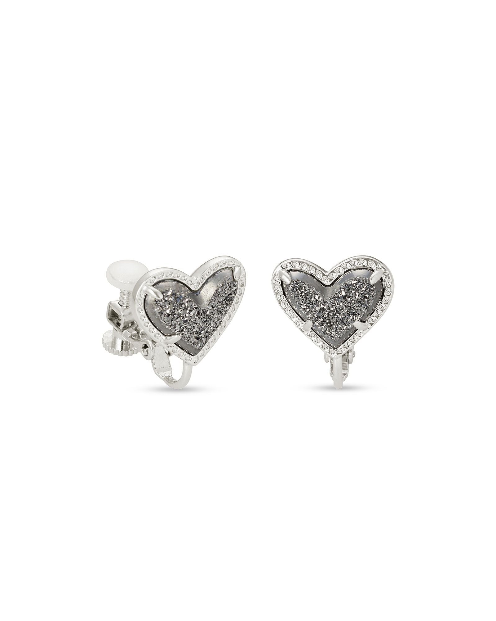 Ari Heart Clip on Earrings Platinum Drusy