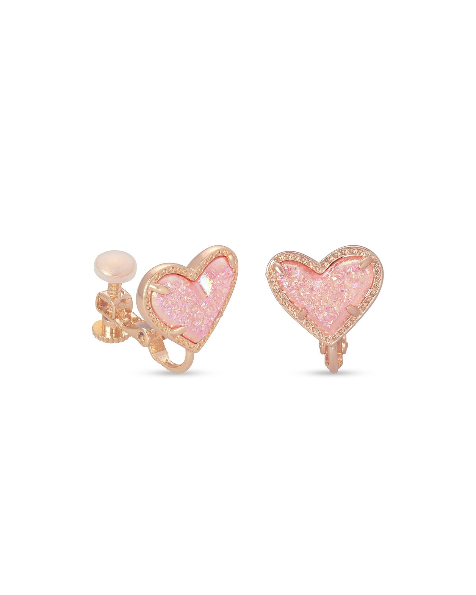 Ari Heart Clip on Earrings Pink Drusy
