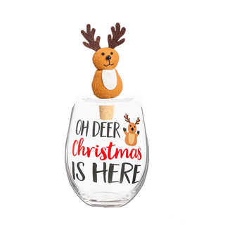 Evergreen Home - Drinkware Stemless Wine Glass with Reindeer Cork Wine Stopper Gift Set